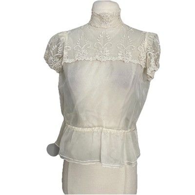 Vintage White Chiffon Lace Top Small Euro Germany Bridal Coquette Cottagecore