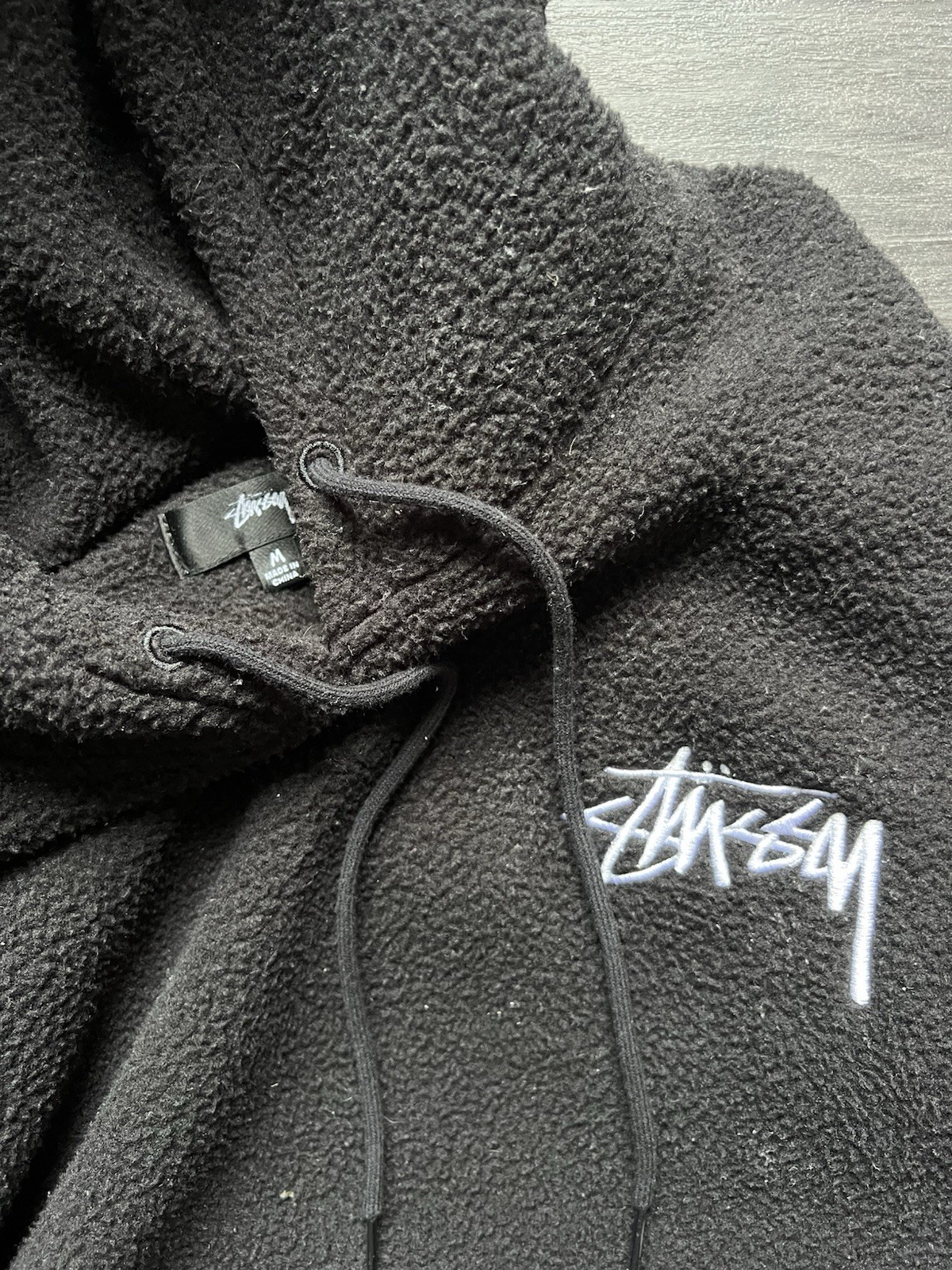 Stussy Black Fleece Pullover Hoodie Logo Drawstring Men's Long Sleeve Size L thumbnail 2