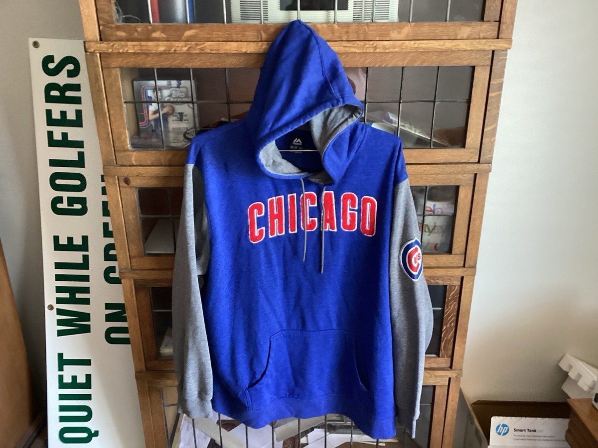 Chicago Cubs MAJESTIC Blue EMBOSSED FUZZY SPELL OUT Hoodie SZ XXL
