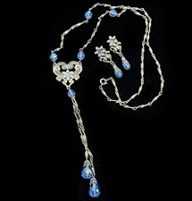 Vintage AVON Victorian Revival Necklace Earrings Silver Heart Blue Crystal Drops