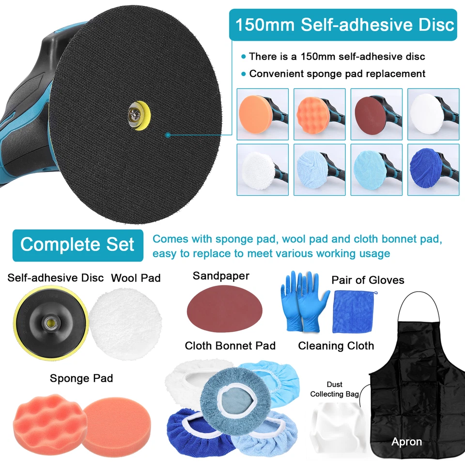 Kit de pulido de lijadora inalámbrica de 6" para máquina tampón pulidora de coche de doble acción batería Foto 3 de 4