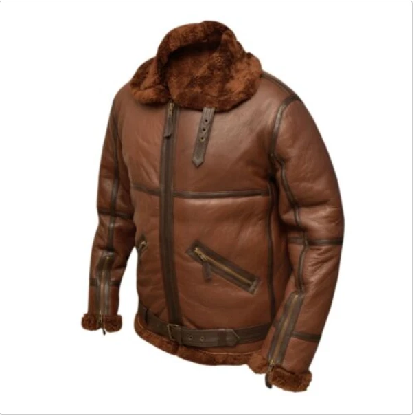 Brown RAF Aviator Men's B3 Sheepskin Real Shearling Leather Flight Bomber Jacket