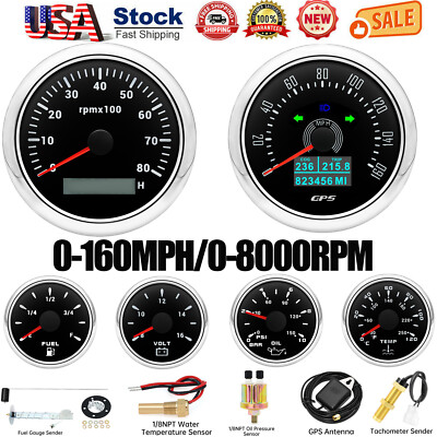 6 Gauge Set 85mm GPS Speedometer 160MPH&Tacho 8000RPM With Sensor for Boat Car 