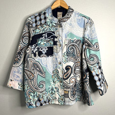 Chicos Women's Paisley Linen Jacket Size 2 US L Snap 3/4 Sleeves