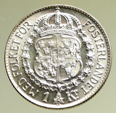 1940 Sweden GUSTAF V Crowned ARMS Antique OLD Vintage Silver Krona