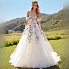 Embroidery Flowers Floral Off The Shoulder A Line Wedding Dress Strapless Gowns