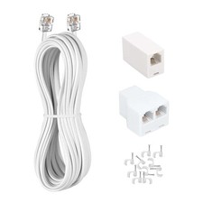 50 FT Telephone Extension Cord White RJ11 Plug Splitter Coupler Cable Clips