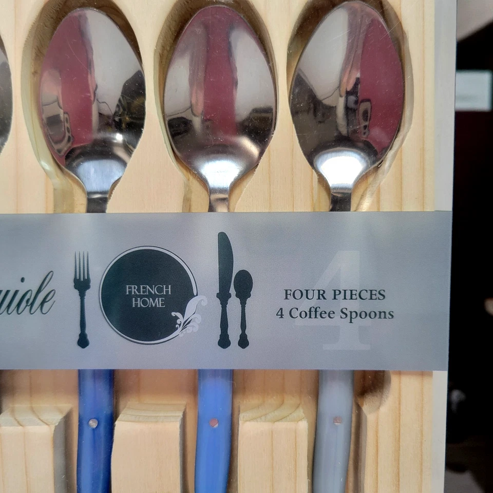 Juego de 4 cucharas de café para el hogar francés Laguiole tonos de azul de acero inoxidable Foto 4 de 4