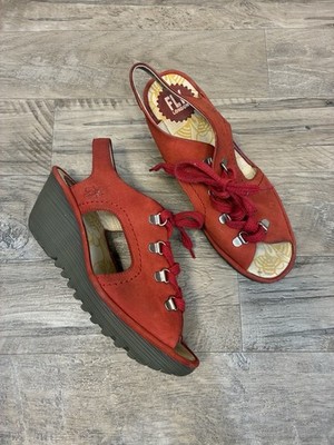 Fly London Ylfa Scarlet Red Leather Lace up Comfort Wedge Sandals 39 US 9