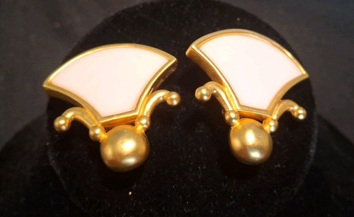 KARL LAGERFELD vintage earrings White Fan gold plate signed clip on