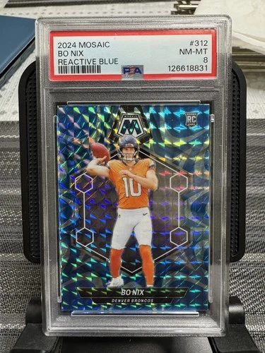 2024 Panini Mosaic Rookies Bo Nix #312 Reactive Blue Mosaic Prizm (RC) PSA 8