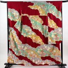 JAPANESE KIMONO FURISODE RED 160.5cm 5 ft 3 in PURE SILK B1619
