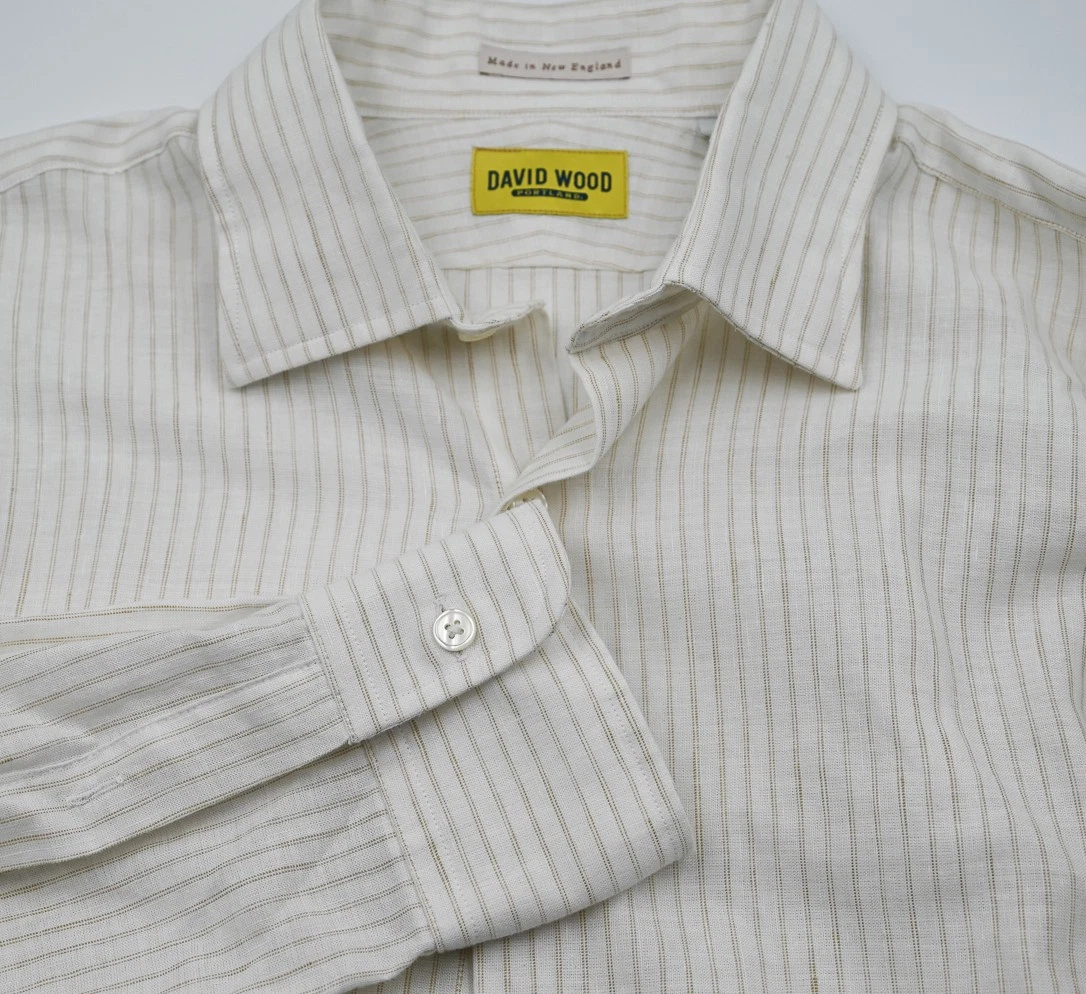 GORGEOUS David Wood Clothiers Portland Maine Cream Linen Gold Stripe Shirt L USA