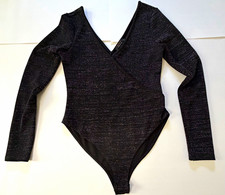 FOREVER 21 Women s Black Solid V-Neck Wrap Long Sleeve Bodysuit Size L