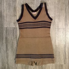 Vintage 1920s Bentzknit Wool Swimsuit Antique Bathing Suit Womens Brown Striped