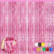Pink Metallic Tinsel Foil Fringe Curtains Backdrop 2Pack 3.3x8.3Ft Pink Party...