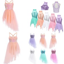 Kids Girls Sequins Ballet Dance Dress Ballerina Leotard Asymmetric Latin Costume