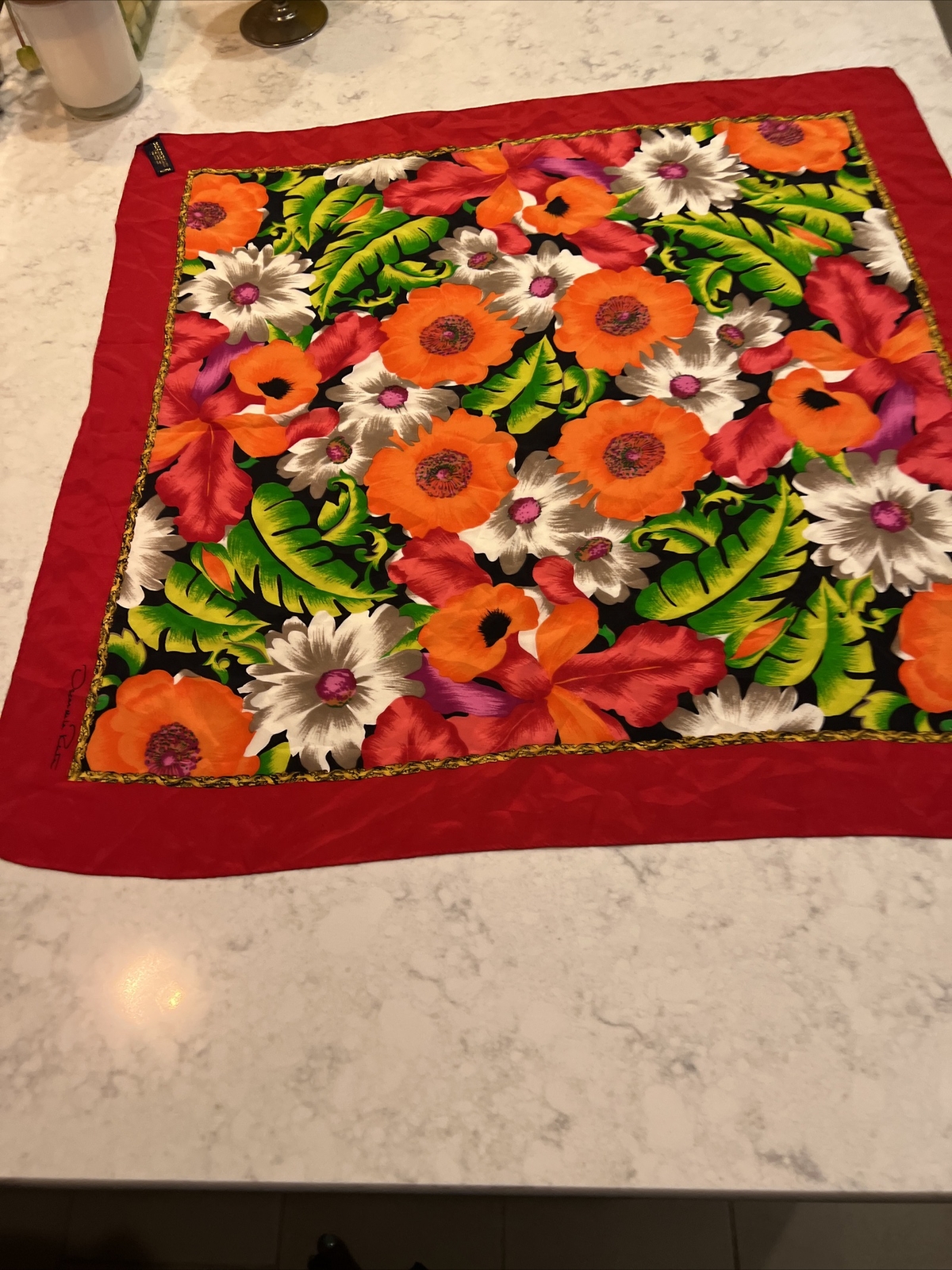 Red and green floral print square silk scarf by Oscar de la Renta Studio