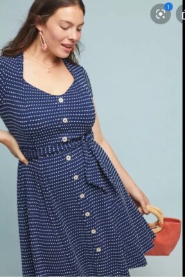 anthropologie blue polka dot dress Anthropologie Plus Maeve Blue Marilyn Button-Front Polka Dot Dress 2x