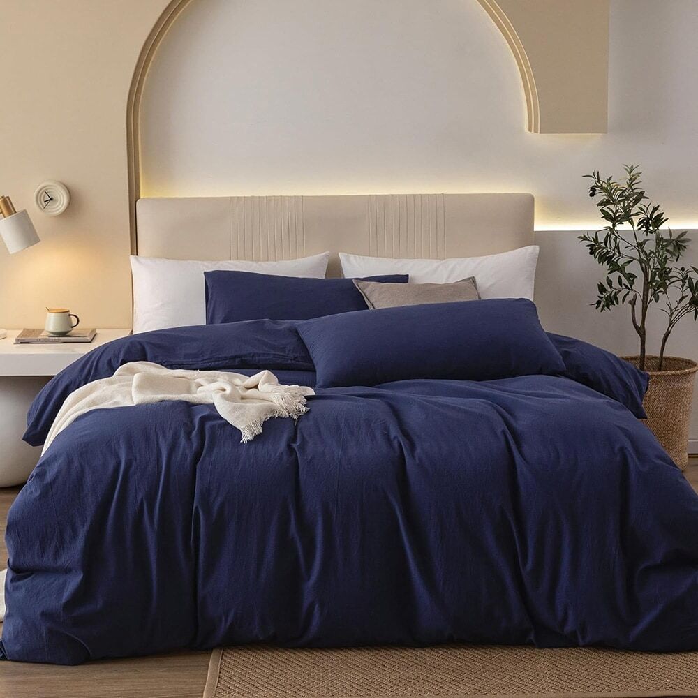 Washed Cotton Duvet Cover Set Comfy Simple Style,Blue