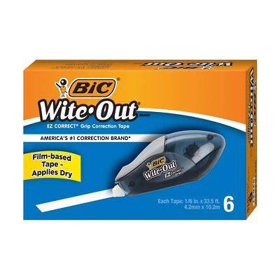 BIC White Out EZ Correct Grip Correction Tape 6 Pack Instant Dry 33.5 Feet