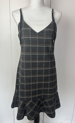 Puella Women s Plaid Ruffle Leather Straps Casual Dress V-neck Size 36 (4-6)