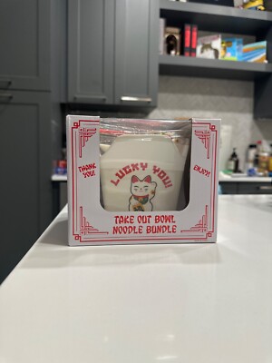 Lucky You Cat Chinese Take Out Ceramic Ramen Noodle Bowl and Chopsticks