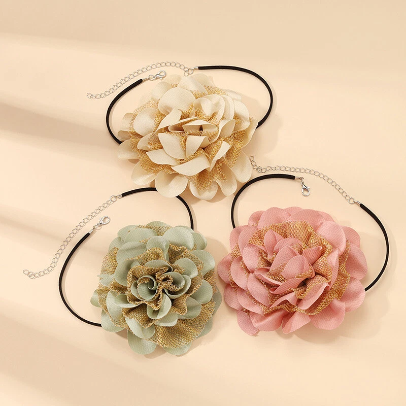 Women Big Flower Choker Necklace Chain Fabric Floral Fashion Jewelry Decoration