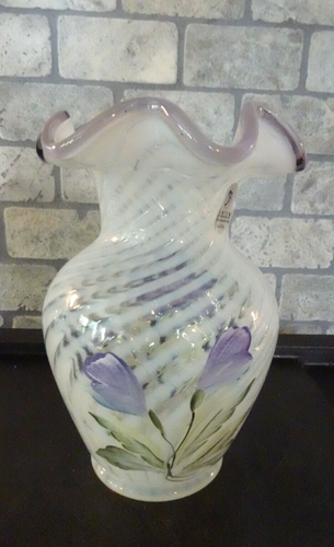 Fenton Art Glass Spiral Optic Opalescent Lilac Crest Handpainted Flower Vase - Picture 4 of 11