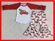 GIRLS CHRISTMAS BOUTIQUE Red Truck Shirt Pants Set Bell Bottom Ruffle 12-18 M