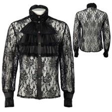 Men Gothic Shirts Tops Renaissance Victorian Medieval Steampunk Lace Sheer Basic