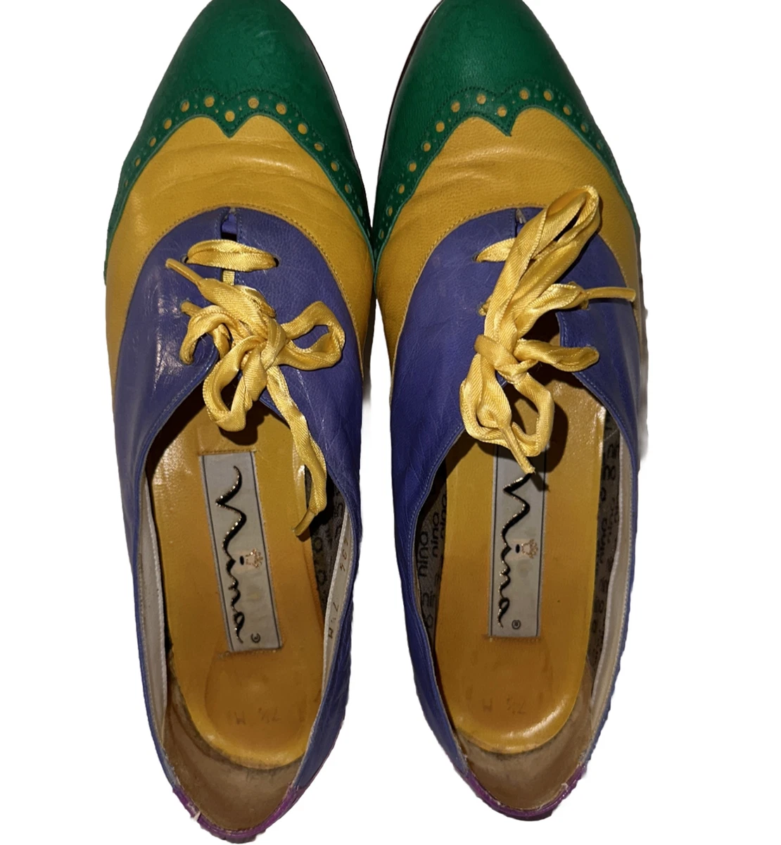 Vintage 70 s NINA Multi Color Leather Lace Up Spectator Flats With Ribbon 7.5 M