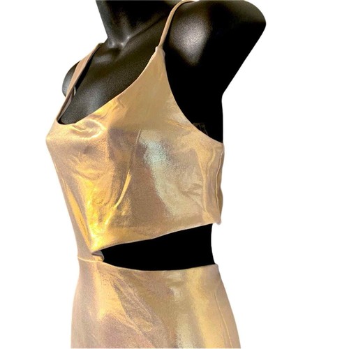 Crystal Doll Gold Shimmer Metallic Cut Out Mini Dress New With Tags Size Lg - Picture 2 of 5