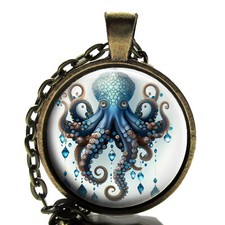 Jeweled Octopus Fantasy Sea Life Glass Top Pendant Necklace Handcrafted Gift