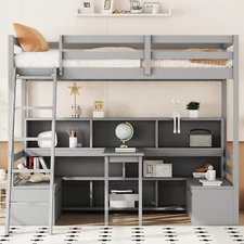 Modern Wood Twin Loft Bed w/Storage Shelves, Drawers, Seat And Desk, Grey
