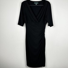 Lauren Ralph Lauren Dress Size 4 Black Short Sleeve Classic Ruched Faux Wrap