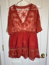 Red/orange Lace Crochet Boho Folk Tunic Blouse Top Cover-Up Womens  OS