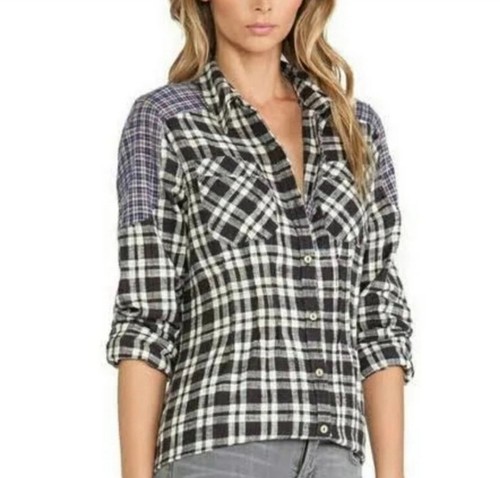 Women's Free People Catch Up With Me Black Combo Plaid L/S Shirt Size Small EUC - Picture 2 of 9
