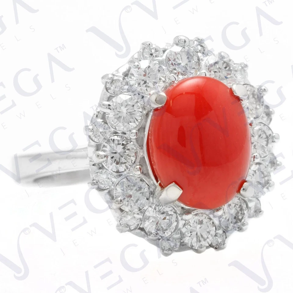 Alianza enchapada en oro blanco de 18 quilates de coral rojo natural y diamantes con forma ovalada de 5,55 quilates Foto 2 de 4