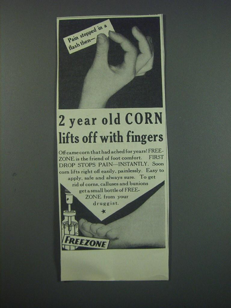 1930 Freezone Corn Remover Ad 2 year old corn lifts off with fingers