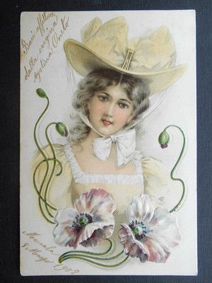 Hübscher Mädchen Trachtenhut - geprägter Jugendstil Künstler gezeichnet Glamour 1902 Italien