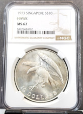 1973 SINGAPORE SILVER 10 DOLLARS S$10 HAWK NGC MS 67 RARE BEAUTIFUL GEM TOP POP
