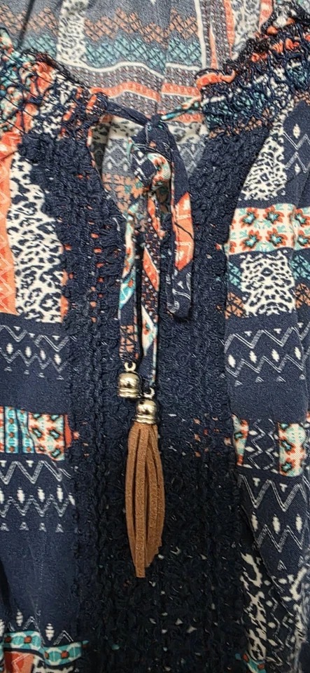 New directions paisley floral navy blue boho bohemian flare sleeve blouse L - Image 2 of 4