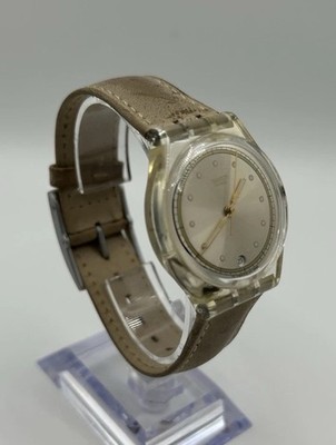 Ladies Swatch Date Watch 1990s Tan Leather Band - Working- New Battery