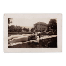 Lounging Poolside Snapshot - 1930s Blonde Woman Sunbathing - Vintage Swimsuit