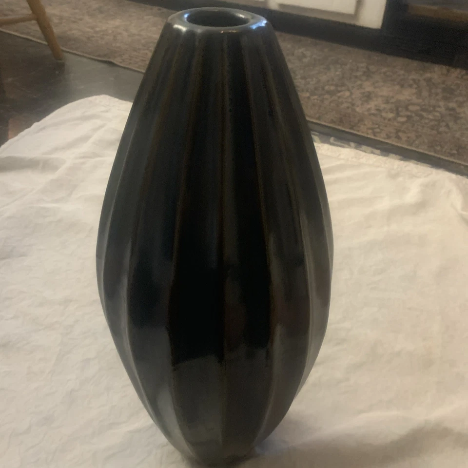 Jarrón grande de cerámica azul estriado decoración del hogar 16x9 Foto 4 de 4