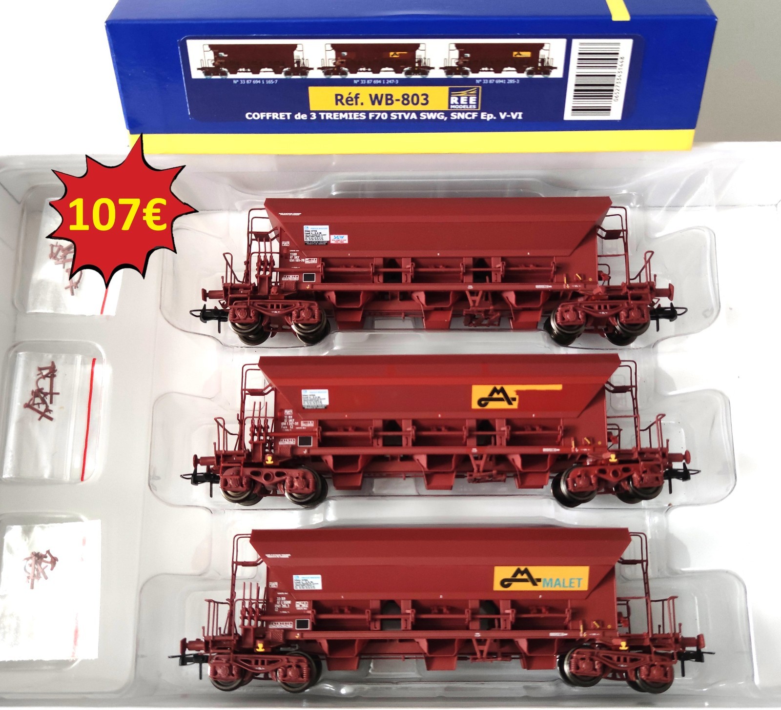 REE MODELES WB-803 Set de 3 wagons Trémies F70 MALET SNCF EpVI HO modélisme ferroviaire