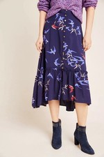 Anthropologie Maeve Women  s Midi Skirt Size 4 Merida Birds Graphic Flounced Blue