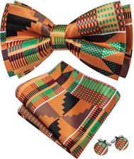 Paisley Striped Bow Tie for Men Silk Pre-Tied Bowtie Pocket Square Cufflinks Set