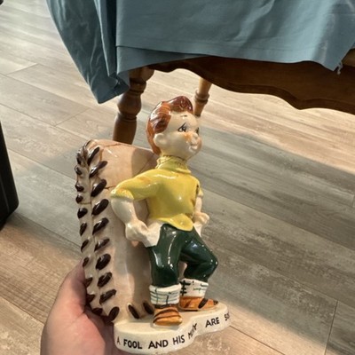Vintage Ceramic Boy Piggy Bank A Fool and His Money Are Soon Parted Collectible